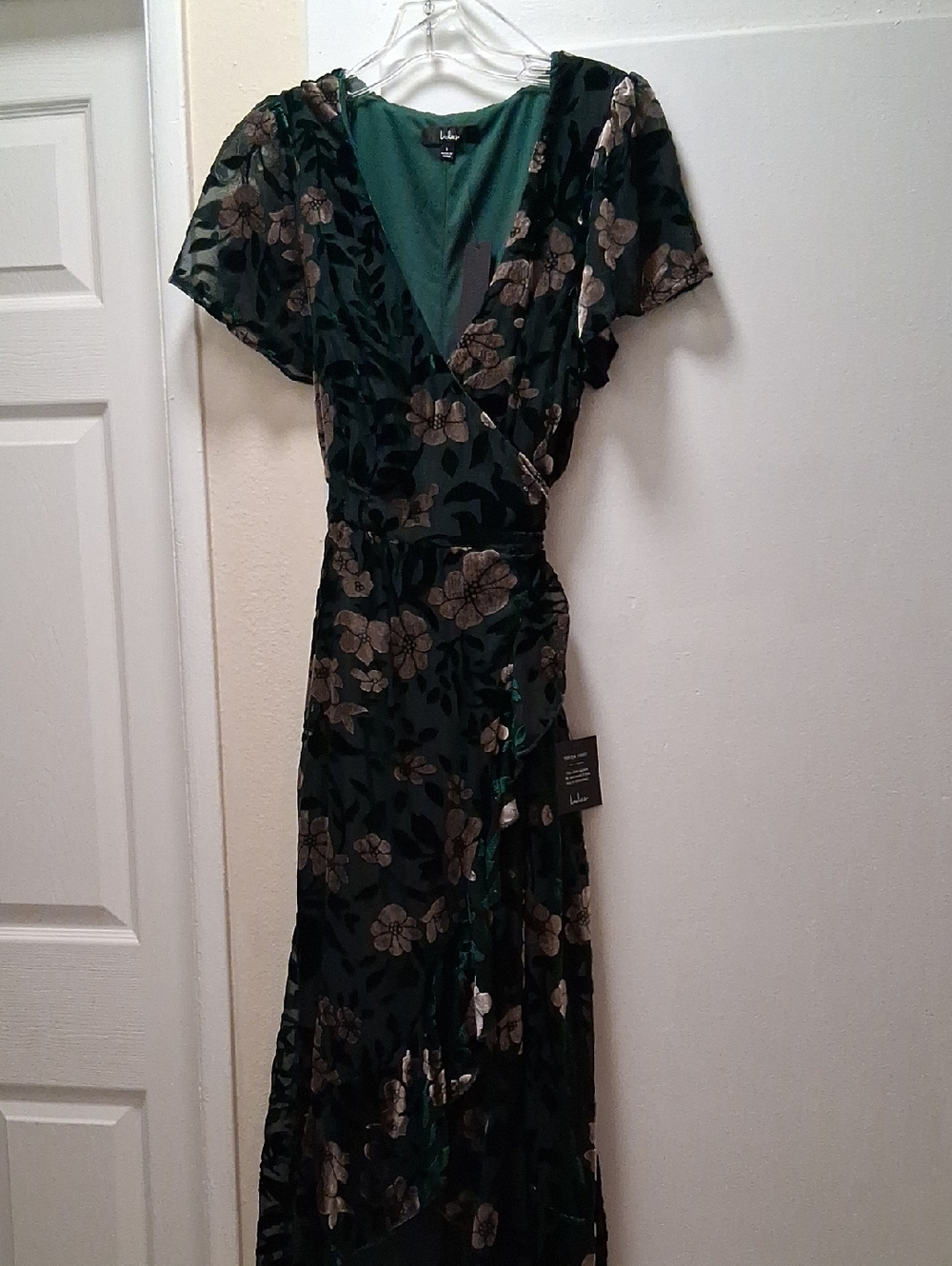 Lulu's Emerald Green Velvet Floral Wrap Maxi Dress with Metallic Accents